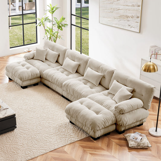 Modular U-Shaped Sofa for Living Room, 4-Seater with 2 Ottomans, Chenille Upholstery, Light Coffee