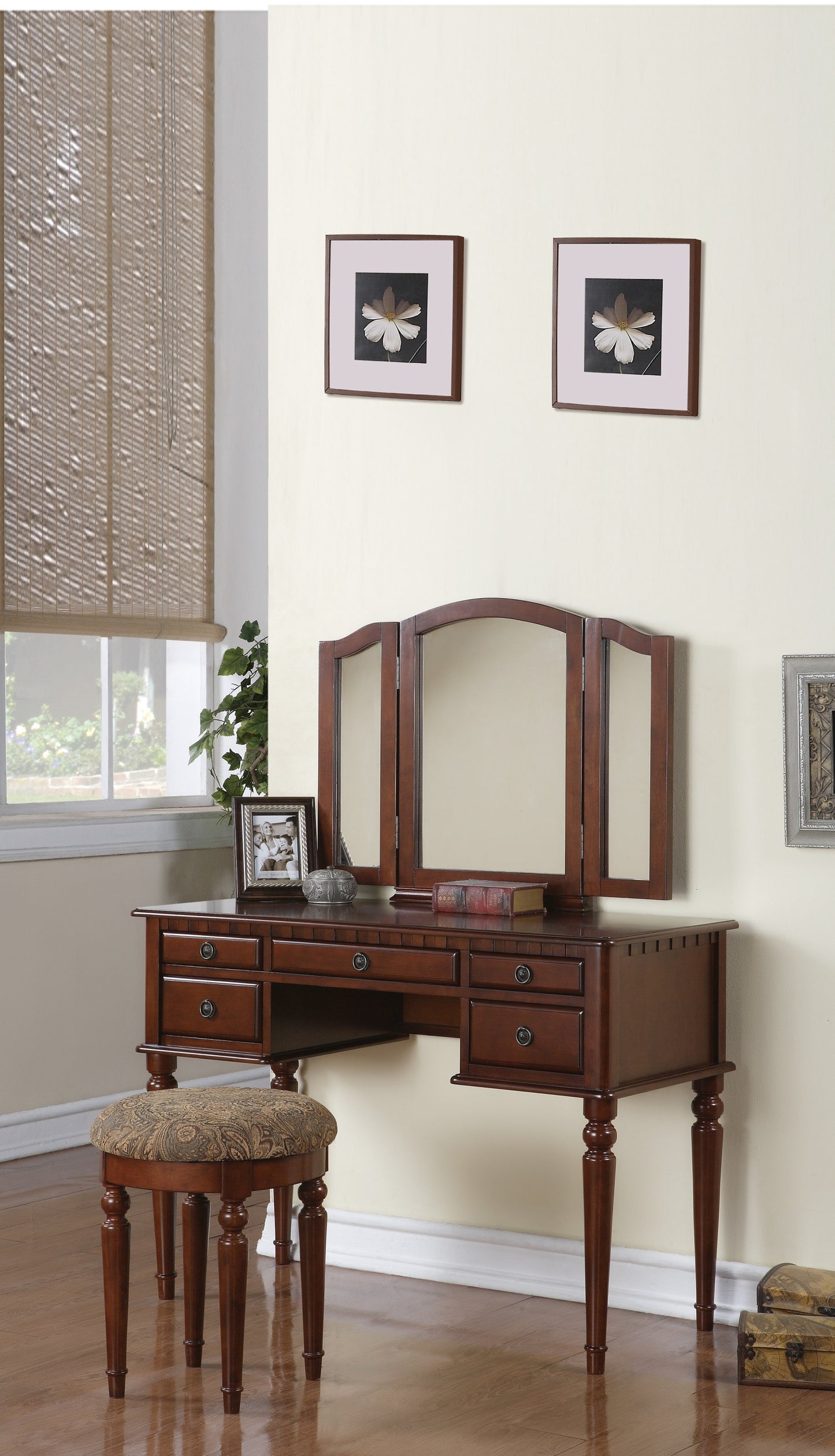 Contemporary Bedroom Vanity Set with Foldable Mirror, Drawer Storage, and Stool - Space-Saving Makeup Vanity Cherry