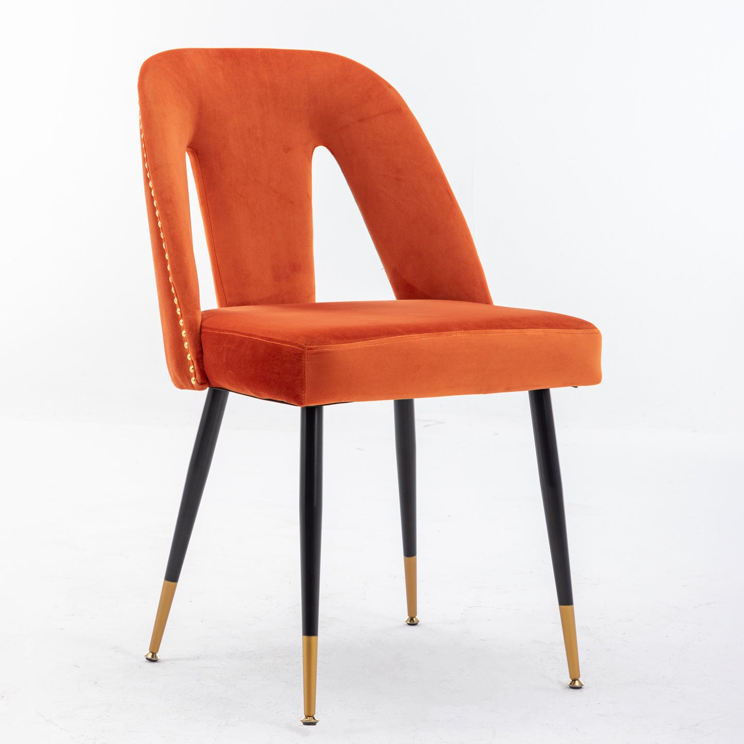 Set of 2 Velvet Upholstered Dining Chairs with Nailhead Trim and Gold-Tipped Black Metal Legs, Orange