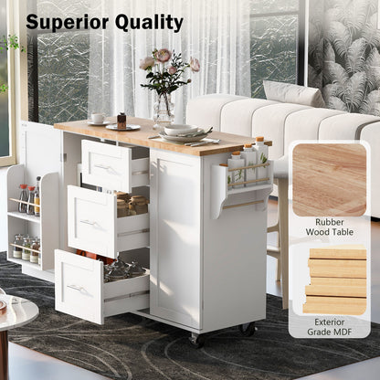 K&K Multi-Function Rolling Kitchen Cart with Storage, Rubber Wood Top, 3 Drawers, 2 Slide-Out Shelves, and Spice Rack, White