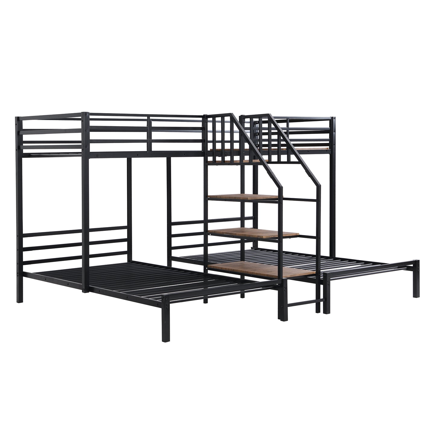 Black Metal Triple Bunk Bed with Storage Shelves and Staircase - Twin Over Twin Configuration