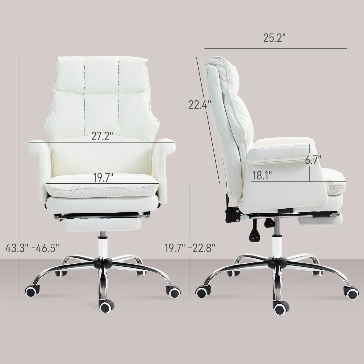 Modern White PU Leather Ergonomic Office Chair with Footrest, Reclining and Swivel Features