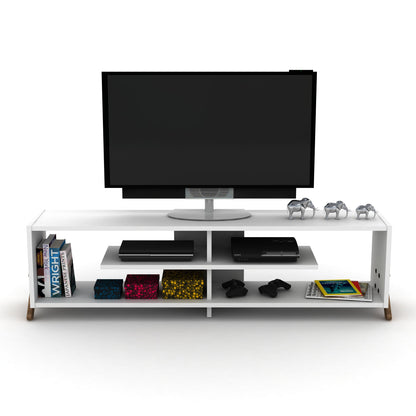 Mid-Century Modern TV Stand with 4 Shelves, 57-Inch Entertainment Console, Solid Wood Legs Walnut/White