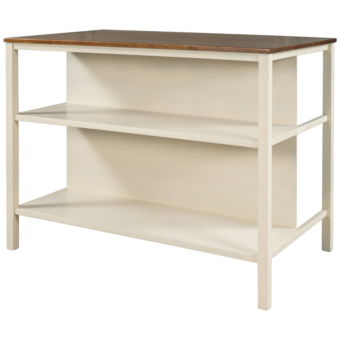 Rustic 45" Rubberwood Kitchen Island with Dual Open Shelves - Walnut & Cream White Finish