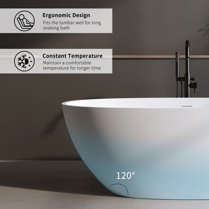 59'' Oval Matte White Solid Surface Freestanding Soaking Tub with Center Drain and Pop-up Drain System