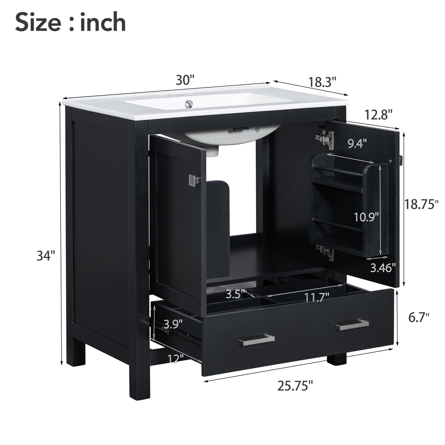 30-Inch Modern Black Bathroom Vanity with Single Sink and Soft-Close Doors, Stylish Storage Cabinet with Undermount Ceramic Basin, Durable Solid Wood Frame
