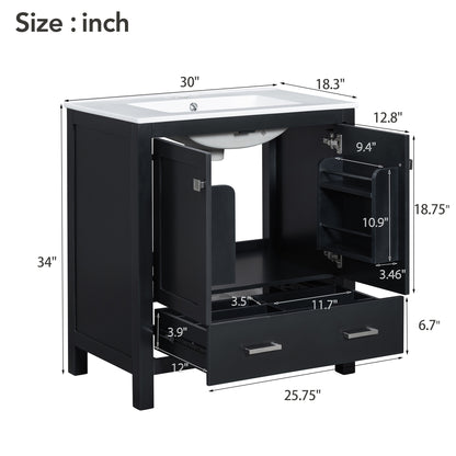 30-Inch Modern Black Bathroom Vanity with Single Sink and Soft-Close Doors, Stylish Storage Cabinet with Undermount Ceramic Basin, Durable Solid Wood Frame