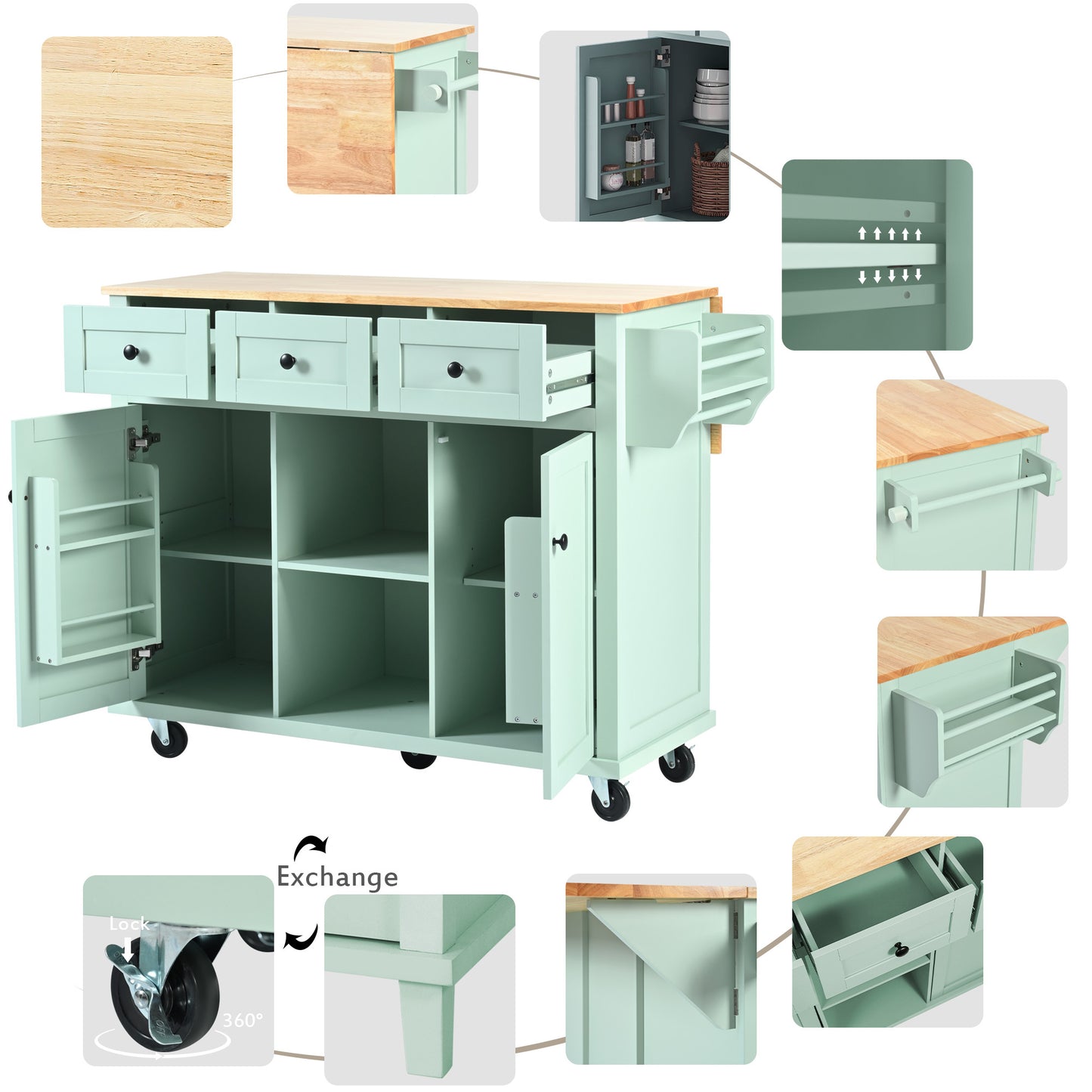 Mint Green Kitchen Island Cart with Drop-Leaf Rubberwood Top, Storage Cabinet, and 3 Drawers on Wheels