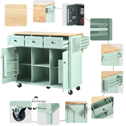 Mint Green Kitchen Island Cart with Drop-Leaf Rubberwood Top, Storage Cabinet, and 3 Drawers on Wheels
