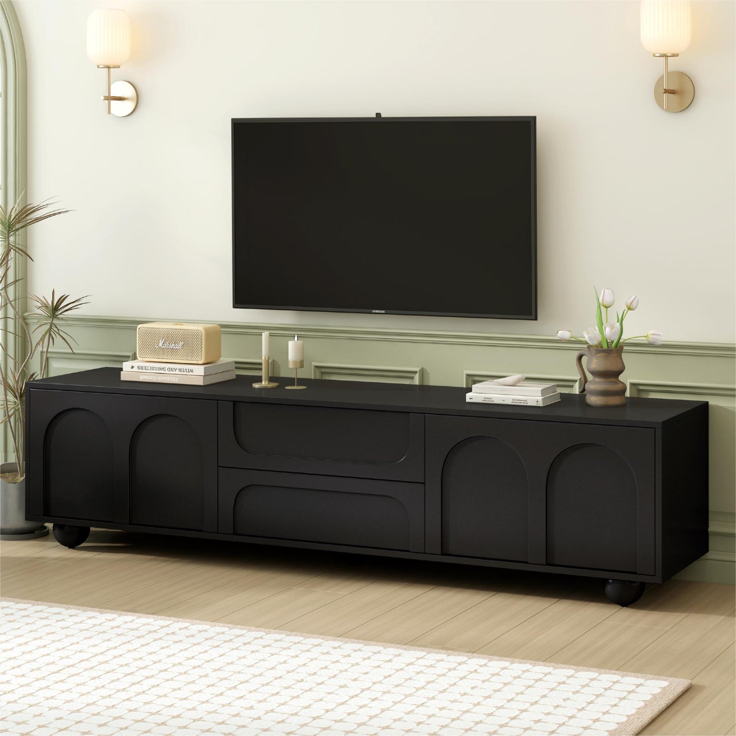 TV Stand for 75-Inch TVs, Arched Doors, 2 Drawers, Push-to-Open, 5 Iron Legs, Living/Bedroom, Black