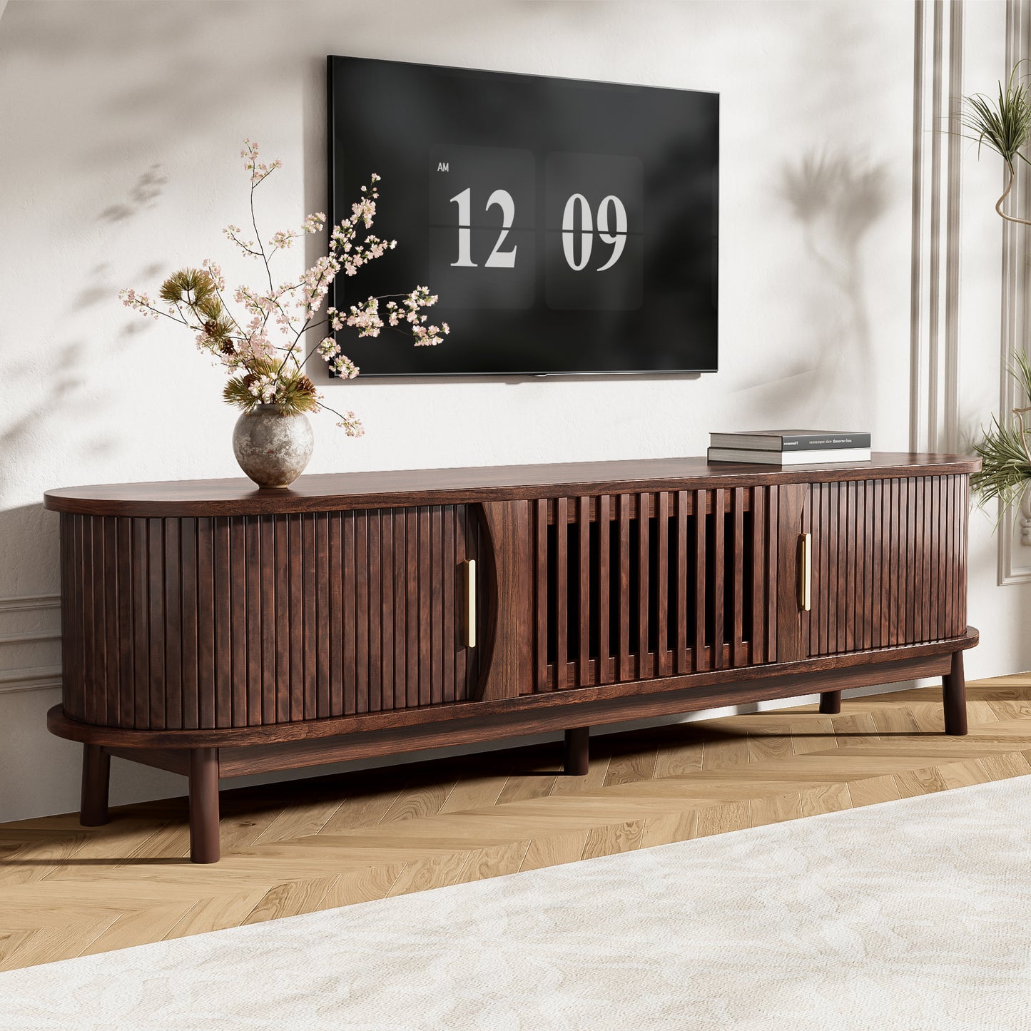 75-Inch TV Stand - Modern Farmhouse Wood Entertainment Center with Storage Doors, Living Room, Dark Brown