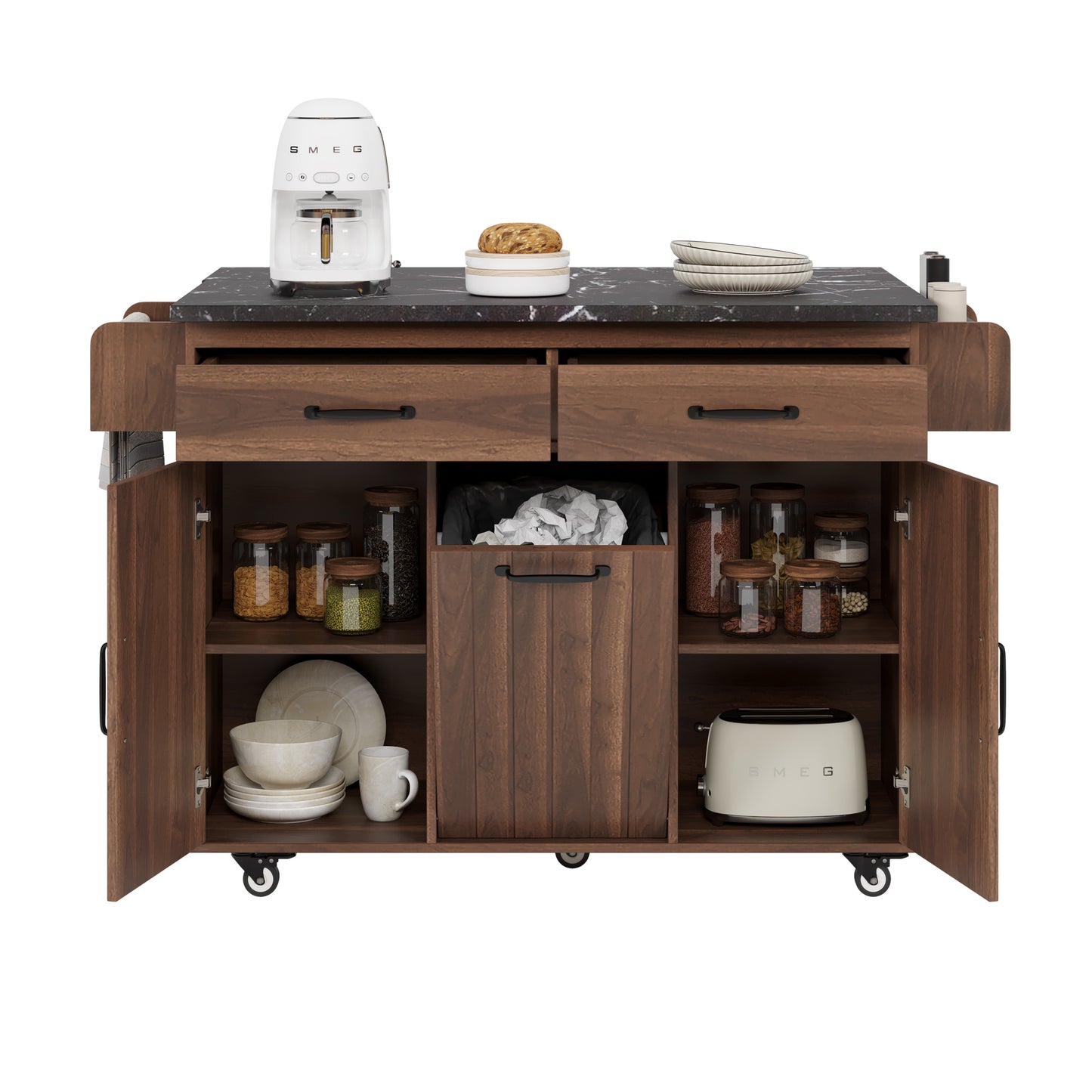 Walnut Brown Rolling Kitchen Island with Drop Leaf, Trash Can Storage, Spice & Towel Racks, and Adjustable Shelves