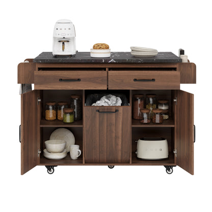 Walnut Brown Rolling Kitchen Island with Drop Leaf, Trash Can Storage, Spice & Towel Racks, and Adjustable Shelves