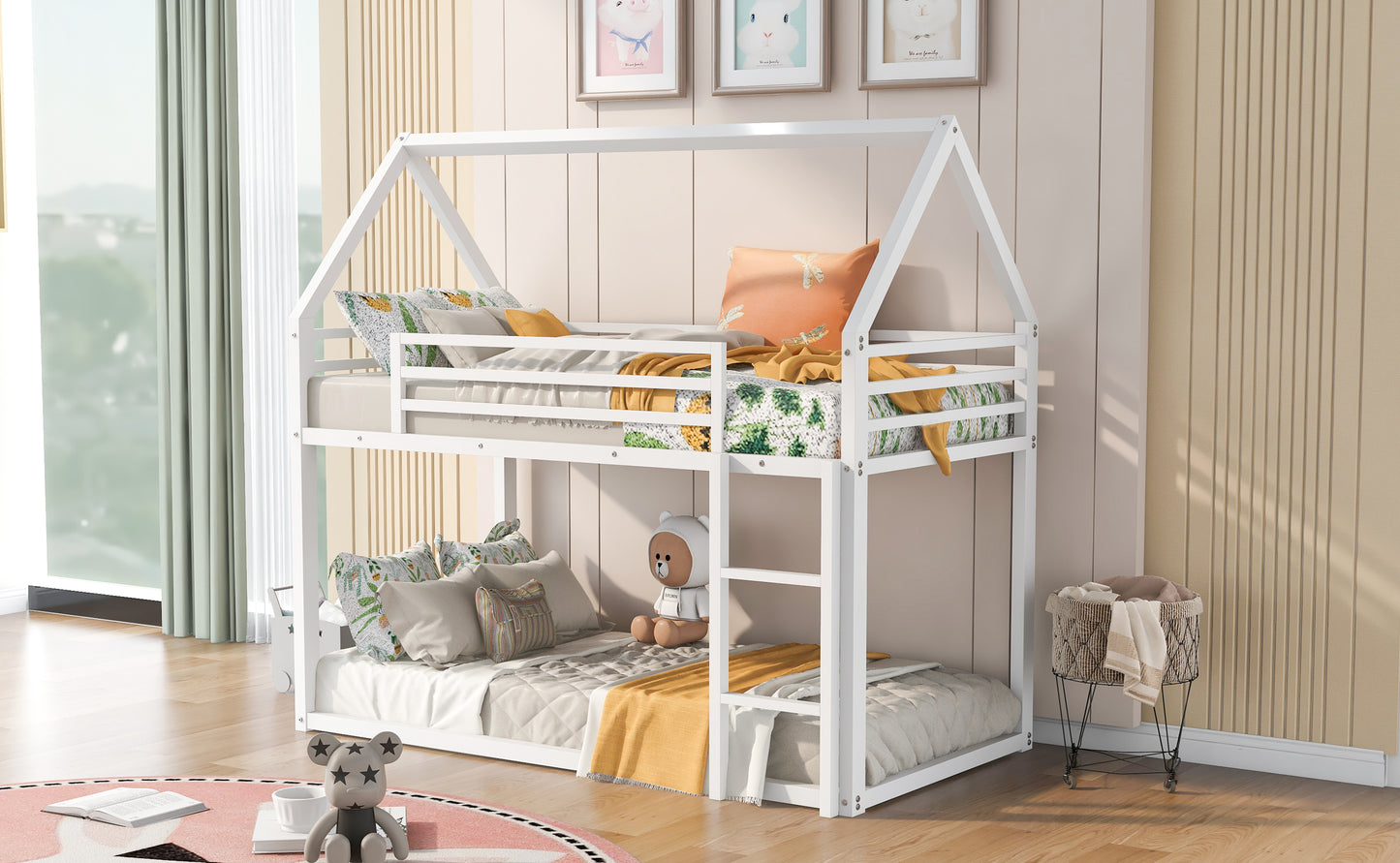Whimsical Twin House Bunk Bed with Slide and Built-in Ladder in White