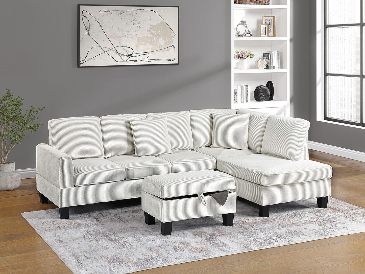 3-Piece Sectional Sofa Set with RAF Chaise, LAF Sofa, Storage Ottoman for Living Room Corduroy Beige