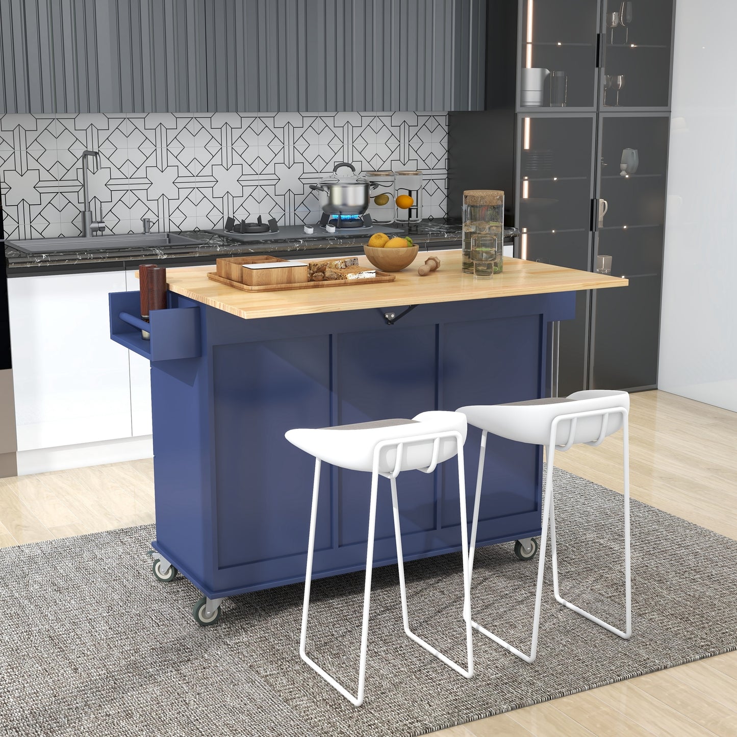 Versatile Rolling Kitchen Cart with Drop Leaf - Sturdy Solid Wood Top, Locking Wheels & Ample Storage (Dark Blue)