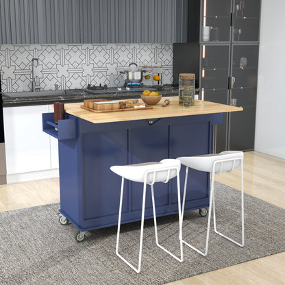 Versatile Rolling Kitchen Cart with Drop Leaf - Sturdy Solid Wood Top, Locking Wheels & Ample Storage (Dark Blue)