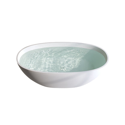 59'' Oval Matte White Solid Surface Freestanding Soaking Tub with Center Drain and Pop-up Drain System