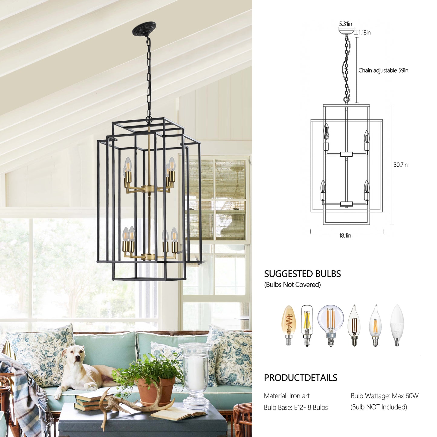 8-Light Lantern Pendant Industrial Farmhouse Chandelier Kitchen Island 60in Adjustable Boom Black & Gold