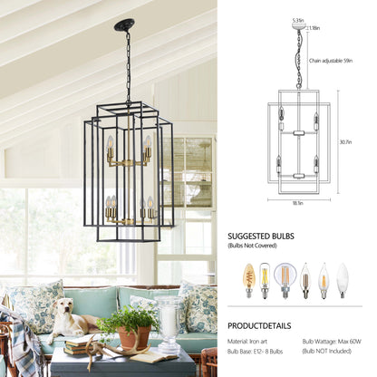 8-Light Lantern Pendant Industrial Farmhouse Chandelier Kitchen Island 60in Adjustable Boom Black & Gold