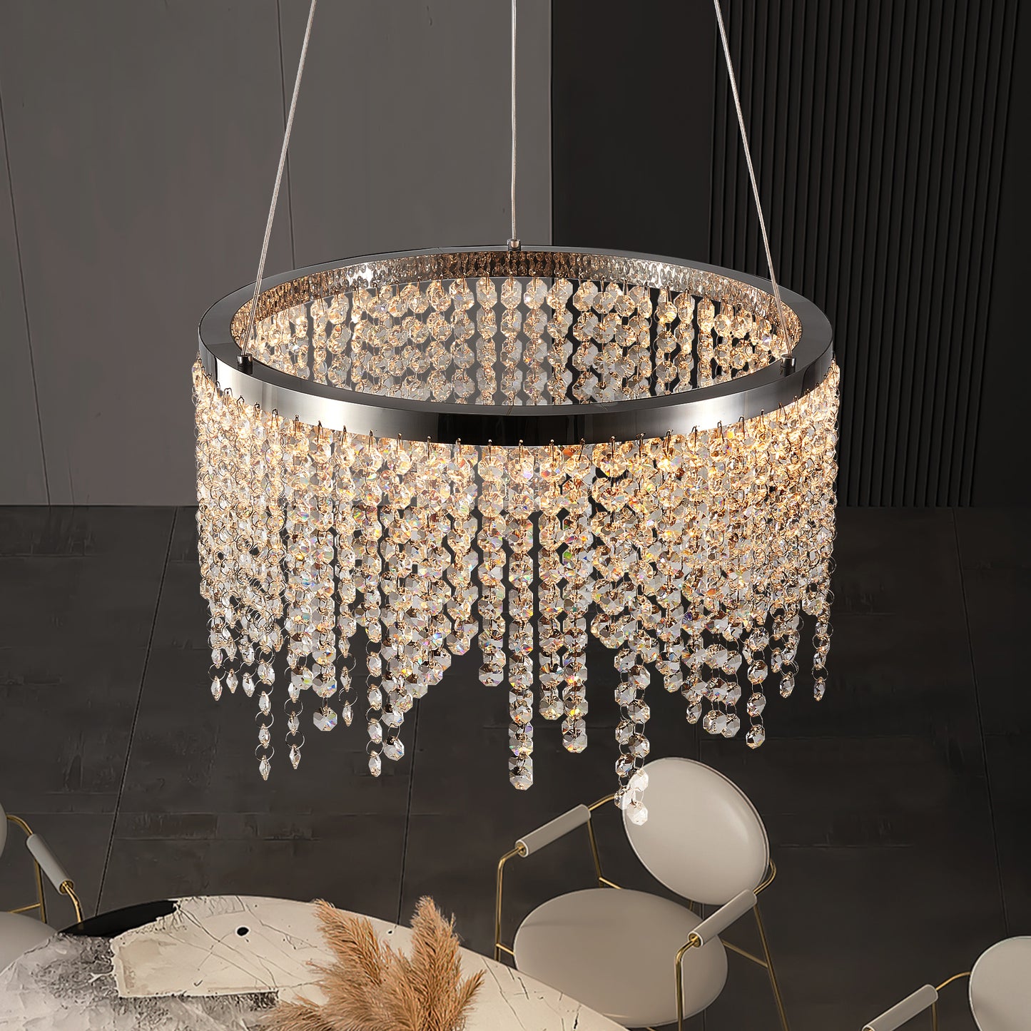 15.7-Inch Crystal Pendant Ceiling Light with Adjustable Height, 16W LED, 110V, Chrome/Transparent