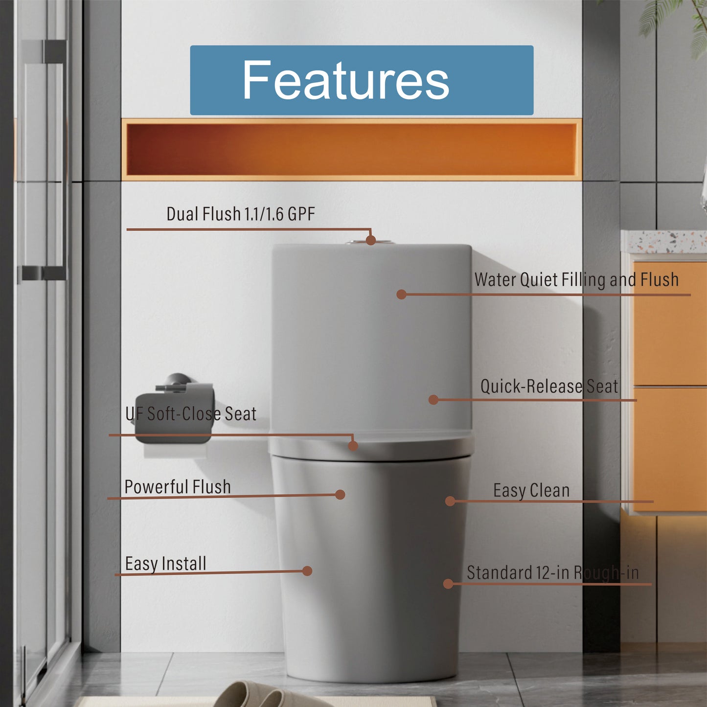 Matte Grey Modern Elongated Toilet with Dual Flush System and Soft-Close Seat