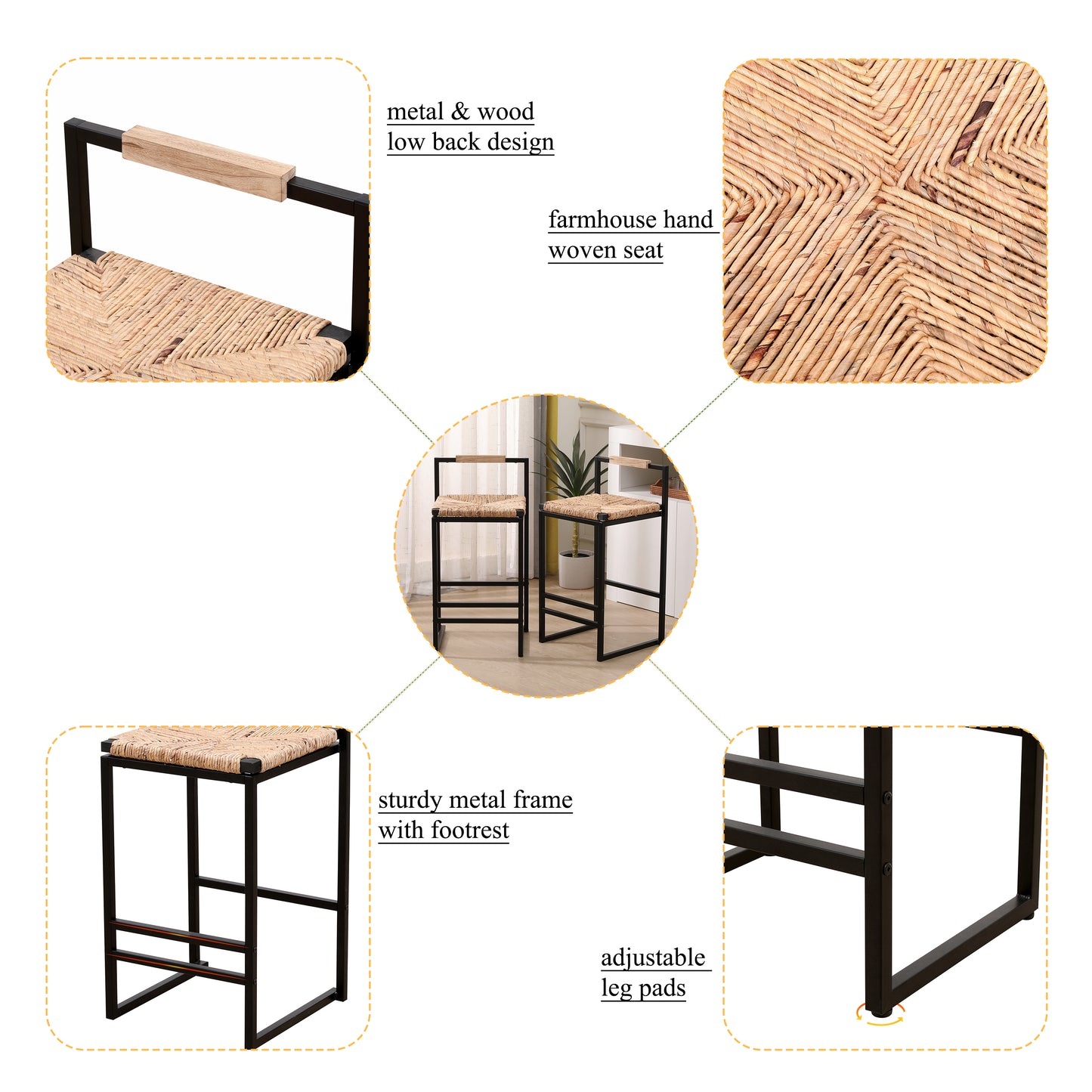 Set Of 2 Counter Height Water Hyacinth Bar Stools With Back