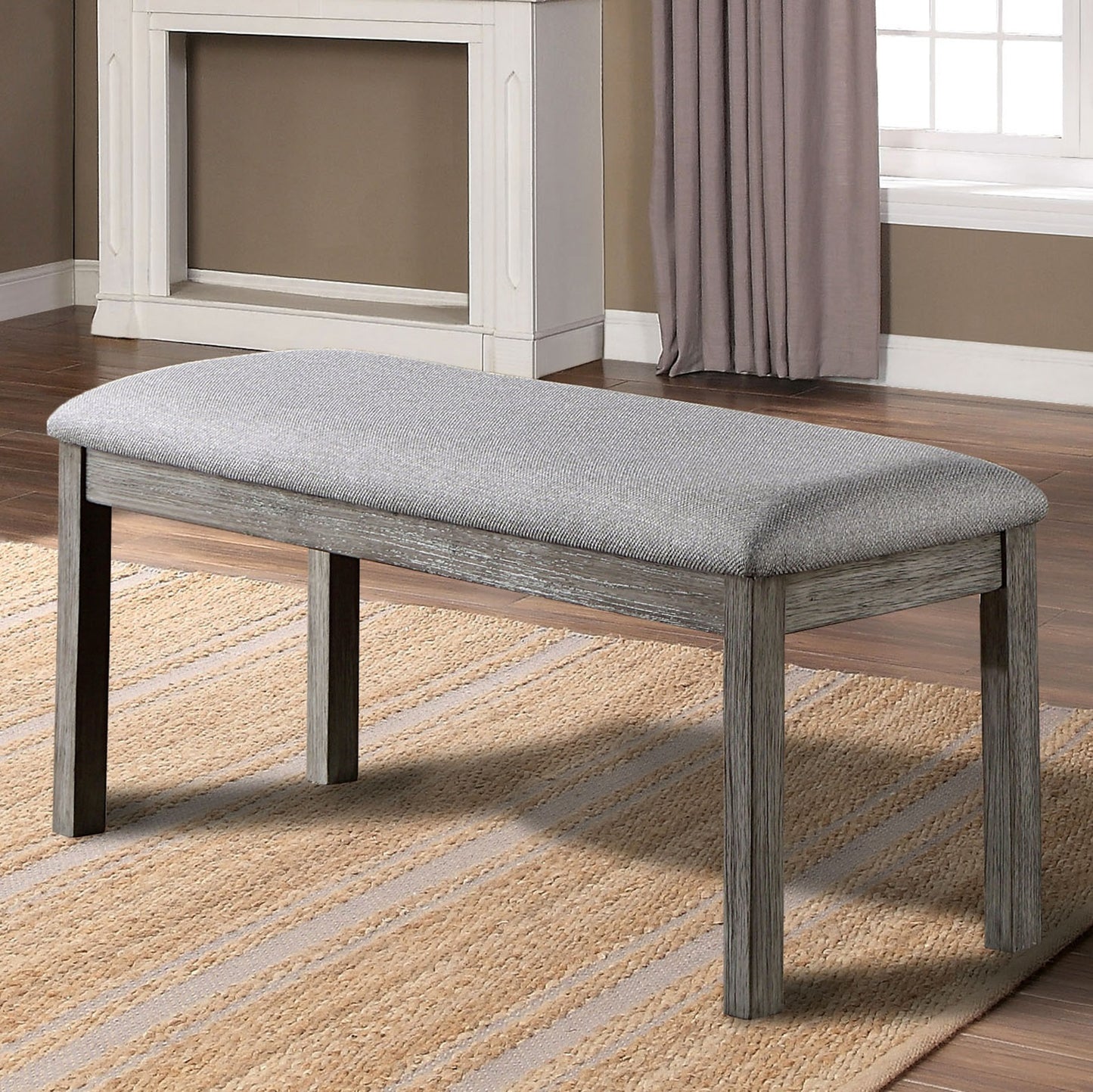 Dining Room Bench with Padded Fabric Seat Rubberwood Frame Rustic Modern Transitional Style 45in Gray