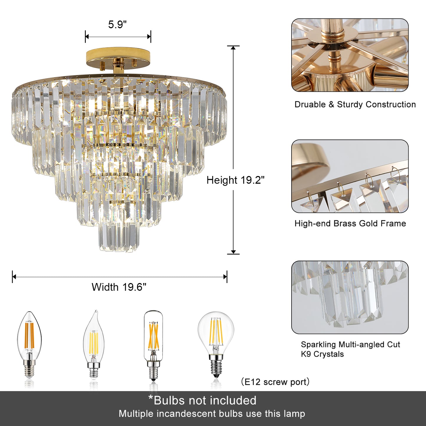 5-Tier Round Crystal Chandelier, Semi-Flush Mount, Living Room/Dining Hallway, 19.3x19.7in, Gold