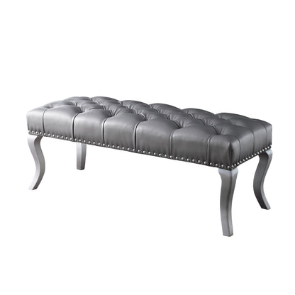 Tufted Fabric Upholstered Bench with Nailhead Trim, Crystal Button Tufting, 48W x 18D x 18H, Champagne