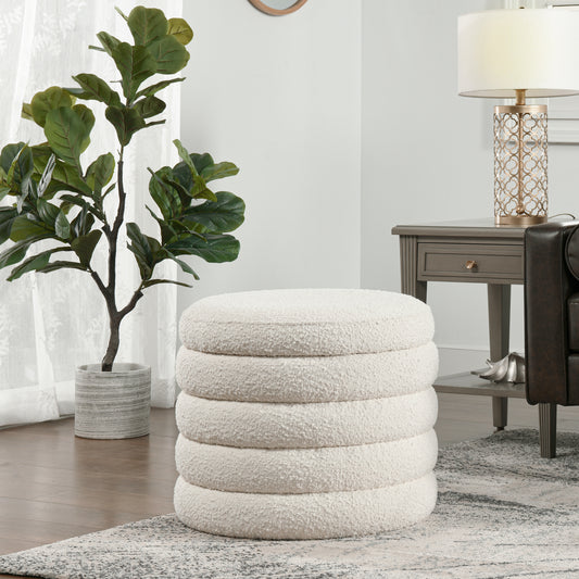 19-Inch Oversized Round Storage Ottoman with Compartment, Birchwood, Boucle Upholstery, Ivory White