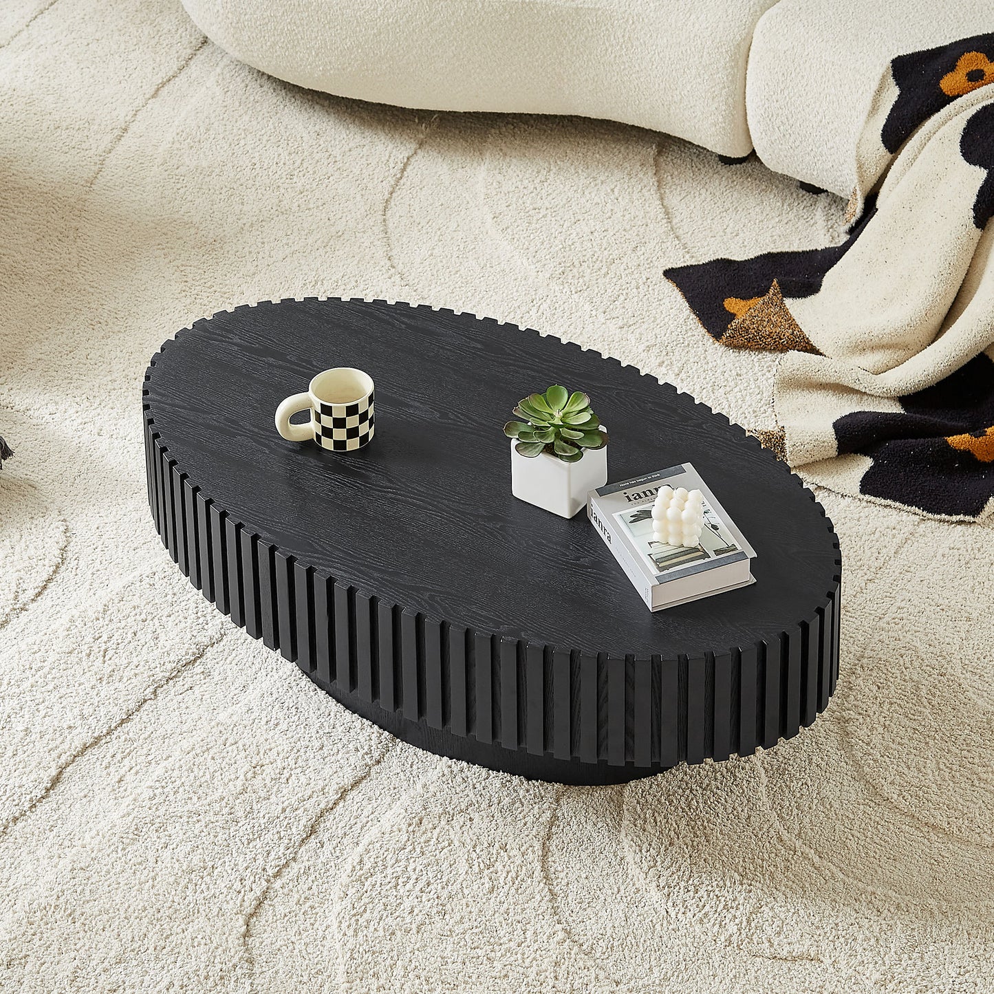 43.7-Inch Ellipse Drum Coffee Table with Pedestal Base, Modern Oval MDF, Easy Assembly, Matt Black