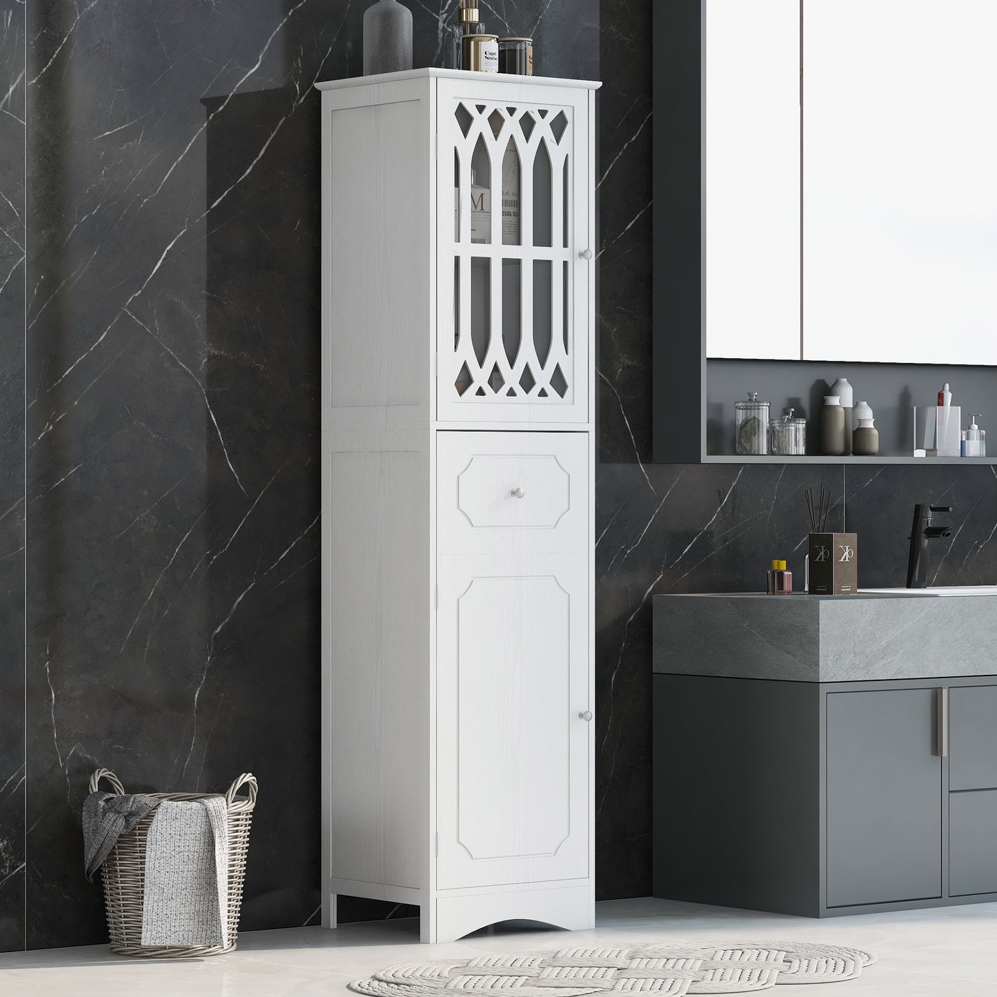 Sleek White Freestanding Bathroom Storage Cabinet with Adjustable Shelves and Drawer