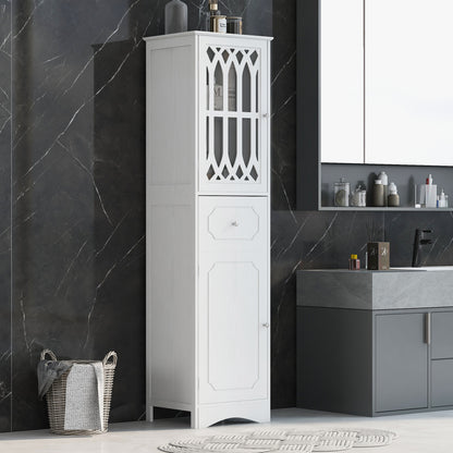 Sleek White Freestanding Bathroom Storage Cabinet with Adjustable Shelves and Drawer