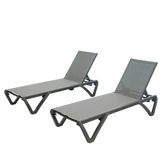 Outdoor Aluminum Chaise Lounges With Adjustable Backrests For Poolside And Beach Use, Set Of 2, Gray