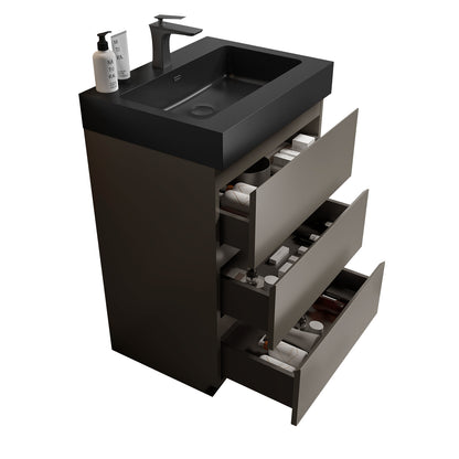 Contemporary 24" Gray Bathroom Vanity with Black Sink Basin, Stylish Freestanding Design for Modern Spaces, Pre-assembled with Ample Storage Solutions