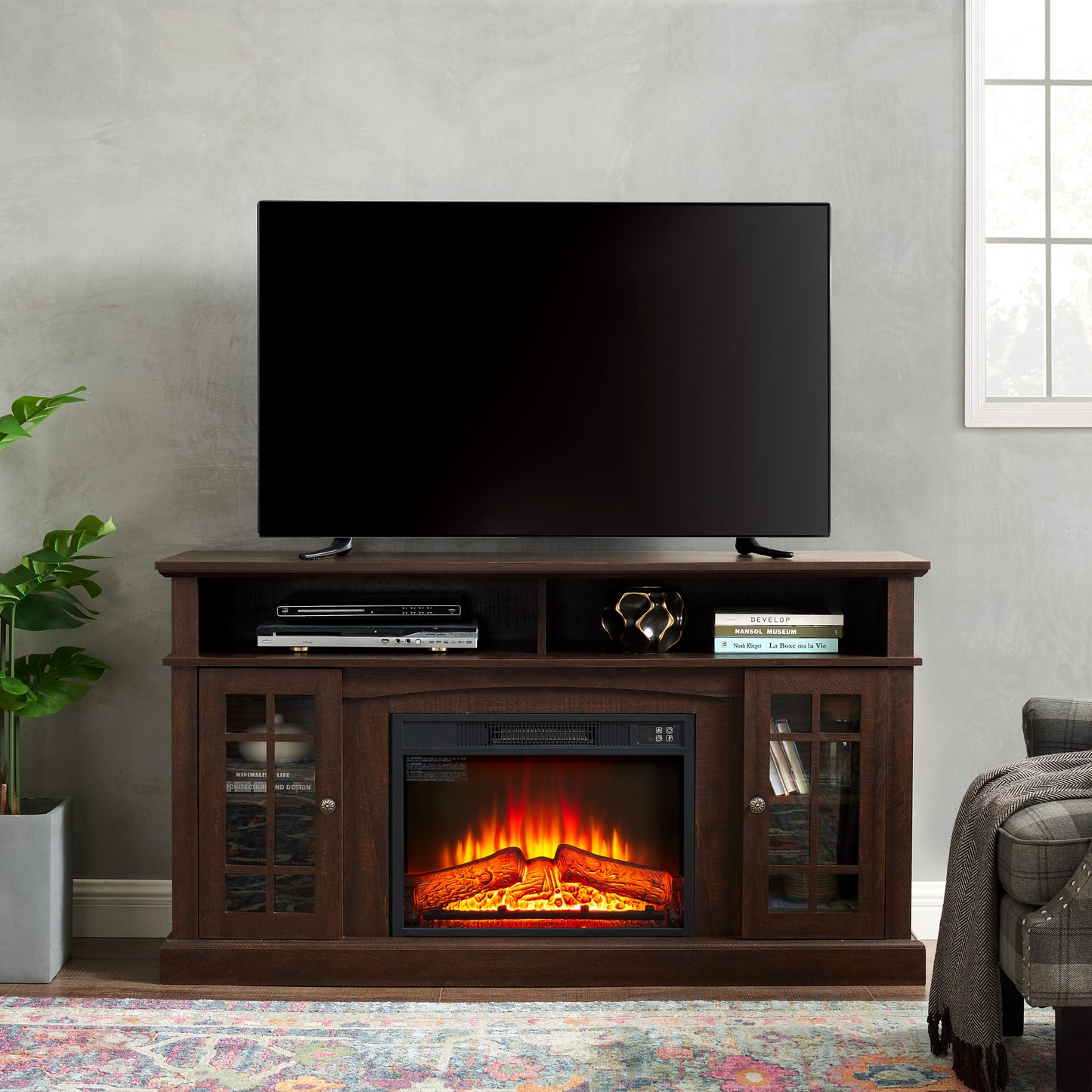 Electric Fireplace TV Stand for 65-In TV, 58.25W x 15.75D x 32H, Open/Closed Storage, Remote Espresso