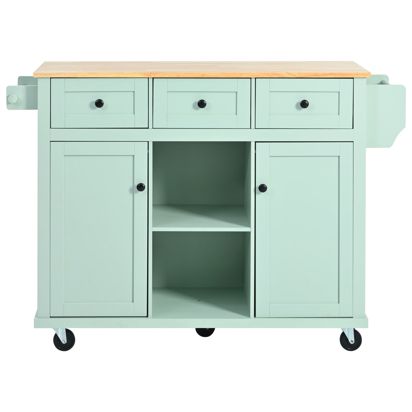 Mint Green Kitchen Island Cart with Drop-Leaf Rubberwood Top, Storage Cabinet, and 3 Drawers on Wheels