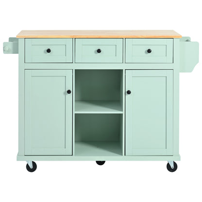 Mint Green Kitchen Island Cart with Drop-Leaf Rubberwood Top, Storage Cabinet, and 3 Drawers on Wheels