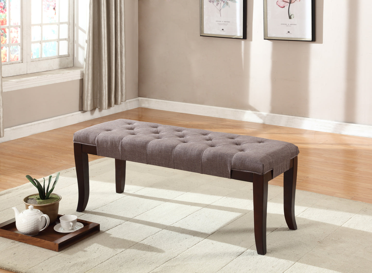 44in Tufted Fabric Bench with Polyester Blend Upholstery and Hardwood Legs for Foyer, Living Room - Brown