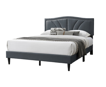 Chic Charcoal Burlap Queen Bed with Vintage Nailhead Trim Accents