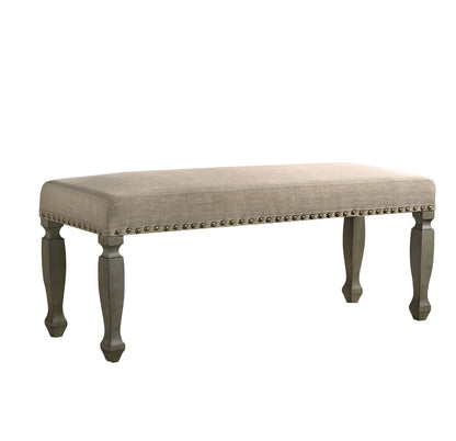 Upholstered Nailhead Bench with Tan Seat, Solid Wood Frame, 48.6 x 15.2 x 18 in, Antique Gray Finish