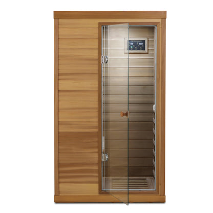 One-Person Indoor Far Infrared Sauna with Glass Door, Right Entry, 6 Heating Panels Caramel