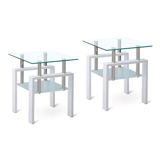 Two-Piece End Tables with Storage for Living Room, Tempered Glass, Modern Style, Easy Assembly, Clear