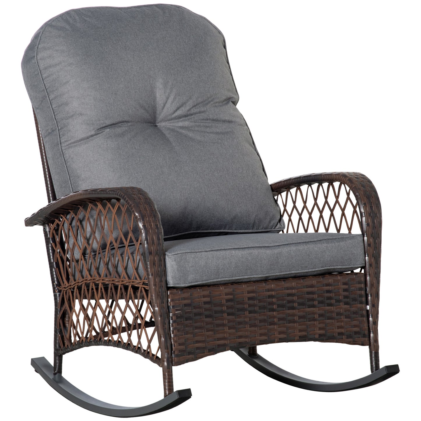 Outdoor Wicker Rocking Chair With Wide Seat And Thick Cushions Steel Frame For Patio Garden High Weight Capacity Gray