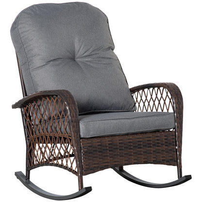 Outdoor Wicker Rocking Chair With Wide Seat And Thick Cushions Steel Frame For Patio Garden High Weight Capacity Gray