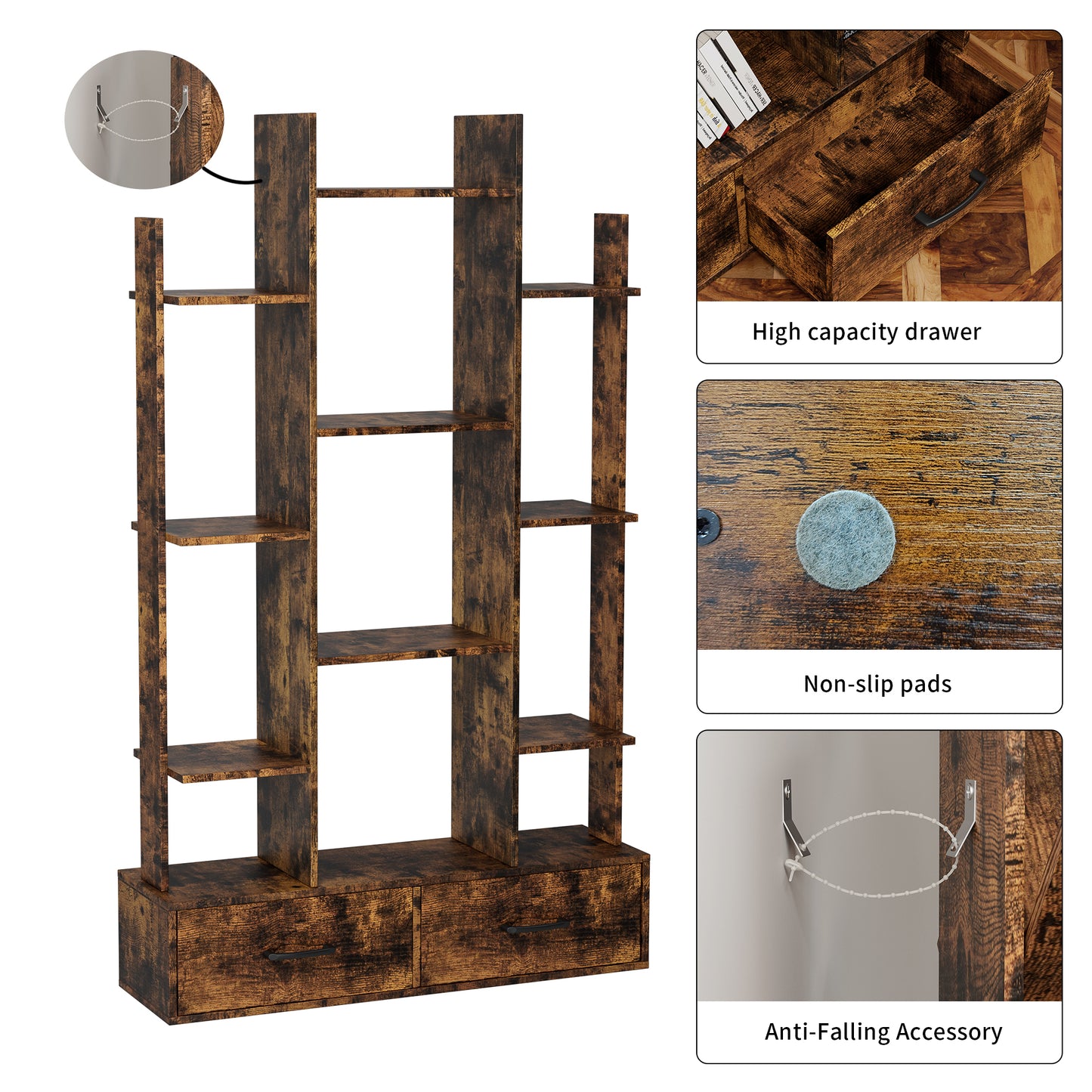 Industrial Vintage Bookshelf with 2 Drawers and 12 Open Shelves - Rustic Brown Freestanding Display Bookcase for Home Office, Bedroom, and Living Room