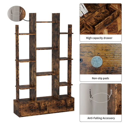 Industrial Vintage Bookshelf with 2 Drawers and 12 Open Shelves - Rustic Brown Freestanding Display Bookcase for Home Office, Bedroom, and Living Room