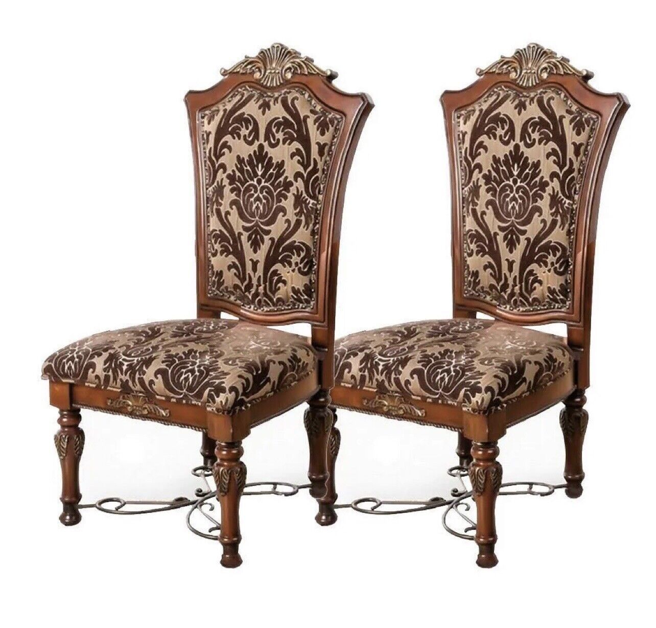 2-Pack Traditional Dining Chairs - Solid Wood, Carved Back, Floral Fabric Seats, Dining Room Brown Cherry