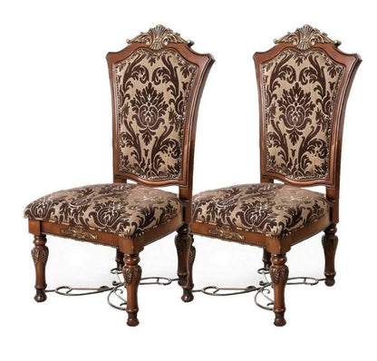2-Pack Traditional Dining Chairs - Solid Wood, Carved Back, Floral Fabric Seats, Dining Room Brown Cherry